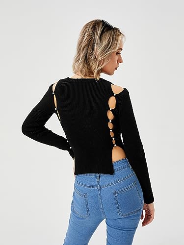 Image of Scacto Women's Cut Out Cropped Sweater Ribbed Knit Pullover Sweater Crop Tops Black