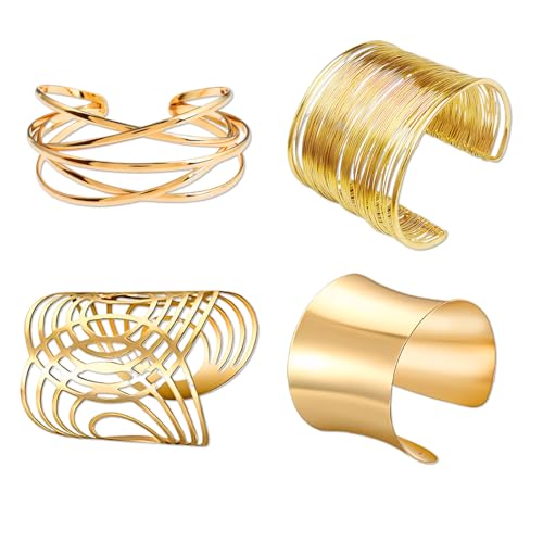 Brazalete mujer dorado + juego de 4 pulseras elegantes + diseño ajustable brillante + multiestilo + talla única + color oro