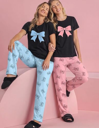 Image of Ekouaer 2 Pack Pajamas for Women Set Short Sleeve Sleepwear Top and Pants Pjs Soft Printed Lounge Sets with Pockets