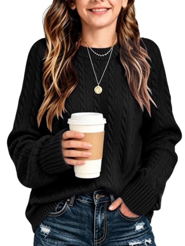 Image of Girls Sweaters Winter Tops Kids School Picture Teen Fashion Long Sleeve Crew Neck Cable Knit Casual Fall Cozy Pullover