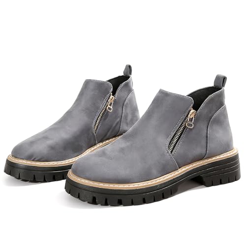 BANGTEUO Chunky Heel Ankle Boots For Women Suede Comfy Platform Lug-Sole Round Toe Short Booties With Side Zipper Casual Vintage Shoes (Grey,9)