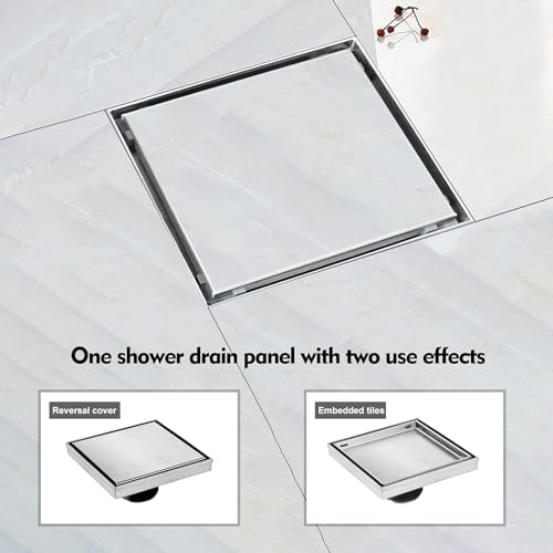 ELLO&ALLO 6 Inch Square Shower Drain Floor Drain with Flange Reversible 2-in-1 Cover Tile Insert Grate Removable SUS304 Stainless Steel in Brushed Nickel