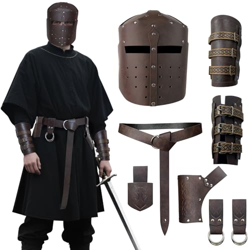 Medieval Crusader Helmet - Adjustable Knight Helmet Armor with Faux Leather, LARP Cosplay, Renaissance Fair Costume Prop