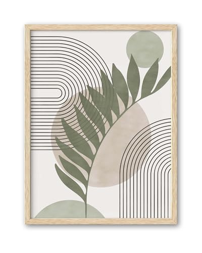 HesenDot 12x16in Boho Framed Wall Art – Sage Green Botanical Print with Geometric Lines,Minimalist Abstract Wall Decor for Living Room Bedroom Office,Modern Nature-Inspired Canvas Poster,Set of 1