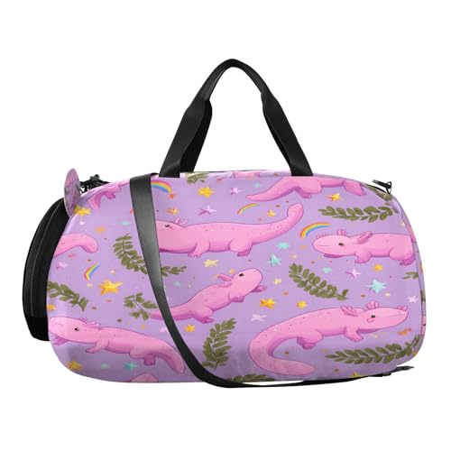 Gym Travel Duffle Bag for Boys Girls Salamander Stars Pattern Leaves Pink Sports Dance Bag with Shoe Compartment & Wet Pocket Football Kids Travel Bag Teens Sleepover Carry2