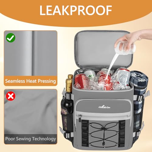 Image of Cooler Backpack, 40 Cans Insulated Lunch Backpack Picnic Backpack for Men&Women, Durable Cooler Bag with 2 Leak Proof Compartments for Picnic, BBQ Camping, Lunch, Beach, Hiking, Gray