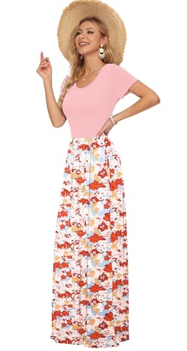 Image of AUSELILY Women's Summer Short Sleeve Loose Plain Casual Long Maxi Dresses | Year Round wear solid floral print, Casual wear, Empire waist, Floor length, Side pockets