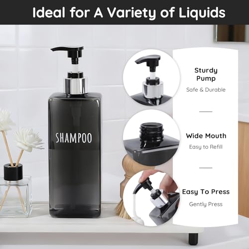 Image of Segbeauty 16.9oz Empty Black Hand Soap Dispensers, 3pcs Large Plastic Lotion Pump Bottle, Refillable Square Pump Bottles for Shampoo and Conditioner, 500ml Pre-printed Bathroom Body Wash Gel Container