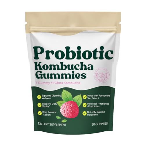 SUUDUUL Probiotic Kombucha Gummies with Prebiotics, Probiotics & Postbiotics – Digestive Support Fiber Gummy Supplement with Slippery Elm, Dandelion Root & MCT Oil – Vegan, Non-GMO, 60 Gummies