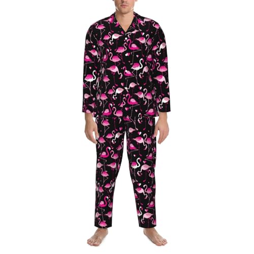 Mens Pink Flamingo Pajama Set,Long Sleeve Pajamas & Long Pants with Pockets, Button-up Sleepwear Lounge Pjs4