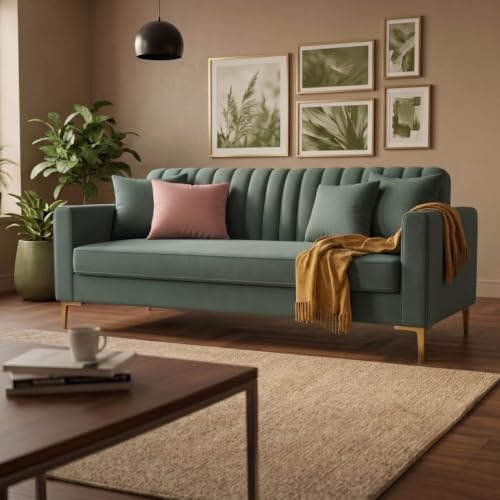 Image of Velum 3 Seater Sofa for Living Room & Office | Premium Fabric Upholstery | Solid Wood Frame | Comfortable Seating | 3 Years Warranty (Frosty Green, 3 Seater Sofa)