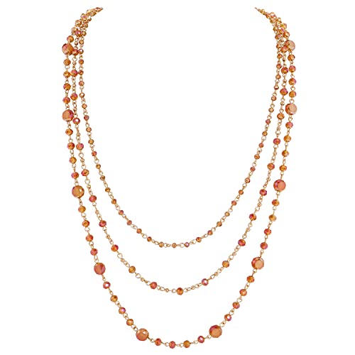 Firstmeet Handmade Glass Bead Long Necklace for Women - 3-Layer Bohemian Unique Adjustable Design Statement Necklace for Wedding Party Gift(XL-1035-Mock Orange)