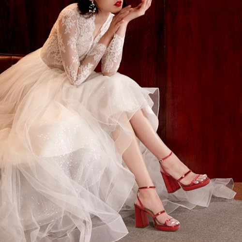 Image of MIRAAZZURRA Platform Strappy Heel Sandals Square Open Toe Two Strap Chunky High Heeled Sandals with Buckle Ankle Strap for Women Party Wedding Dress