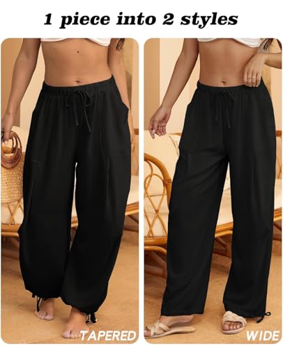 Image of Women's Linen Balloon Barrel Beach Pants Boho Harem Flowy Drawstring Casual Loose Pants with Pockets