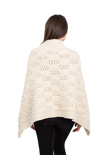 Image of SAOL Aran Poncho 100% Merino Wool for Ladies with Buttons V-Neck Shawl Cardigan