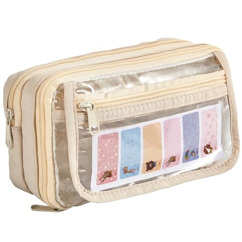 XUGUXA Large Pencil Case Pouch, Clear Multi-layer Pencil Box, Zipper Pen Bag for Teens Girls School Office, Transparent Multifunction Makeup Bag for Women Travel (Beige)