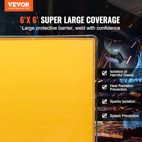 Image of VEVOR Welding Screen with Frame, 6' x 6' Welding Curtain Screen, Flame-Resistant Vinyl Welding Protection Screen on 4 Swivel Wheel (2 Lockable), Moveable & Professional for Workshop /Industrial, Yellow