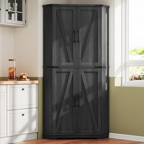 Dripex 71' Corner Cabinet Black, Farmhouse Kitchen Pantry Cabinet with Doors Storage & Adjustable Shelves, Tall Corner Storage Cabinet with LED Light, Food Pantry for Living Room, Dining Room