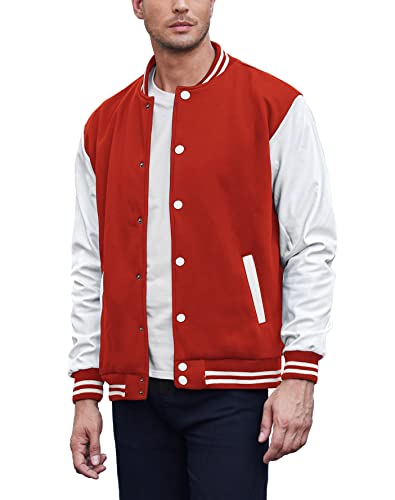 COOFANDY Mens Fashion Varsity Jackets Leather Sleeve Slim Fit College Baseball Letterman Bomber Coat Red Small