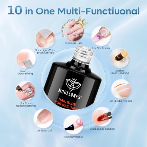 Image of modelones 10 in One X Nail Gel Glue Gel Base Coat Brush On No Wipe | Nail Polish Glue 15ml for Tips, Rhinestones, Blooming Art Hema-Free Gel Kit for Acrylic Tips U V Lamp Needed