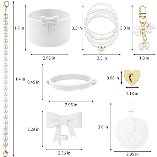 Hpebl 11PCS White of Stanley Cup Accessories 30/40 OZ Water Bottle Tumbler Accessories Set Pearl Bow Charms for Stanley Decorations Including Bow Straw Topper, Pom Pom Keychain, Silicone Tumbler Boot — view 3