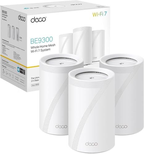 TP-Link Deco Routeur WiFi 7 Mesh BE9300 Tri-Bande, Port Ethernet 2,5G, Couverture de 530㎡, Itinérance IA Transparente, Connectez 200 appareils, Compatible Toutes Les Box Internet, Deco BE65(3-Pack)