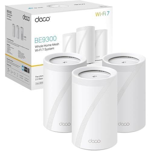 TP-Link Deco BE65(3-Pack) Routeur WiFi 7 Mesh BE9300 Bi-Bande, Port Ethernet 2,5G, MLO, Itinérance Transparente, Contrôle Parental, canaux 320 MHz, 6 GHz, Compatible avec Toutes Les Box Fibre, WPA3