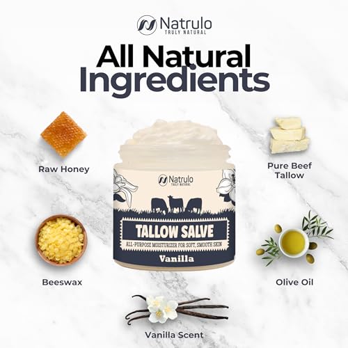 Natrulo Beef Tallow Salve – All Natural Grass Fed Beef Tallow & Honey All Purpose Balm – Moisturizing Body Salve Great for Eczema, Cracked, Dry, Itchy, Irritated Skin – Skin Repair Skincare Made in USA