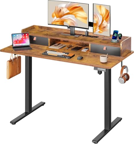 Image of DEVAISE 48 Inch Electric Standing Desk with Shelf, 3 Adjustable Computer Desk for Home Office, with LED Touchscreen,Headphone Hook, 3 Memory Preset, with One-Piece Desktop, Rustic Brown