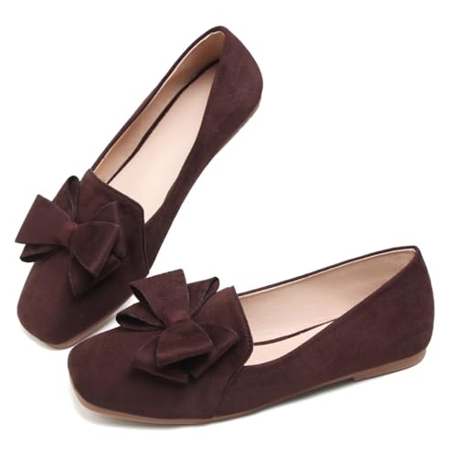 Image of WENJIAZHIZHI Square Toe Bow Ballet Slip-On | Classic Suede Finish,Chic Bow Detail,Effortless Everyday Style,Wedding Party Office,Plus Size Available