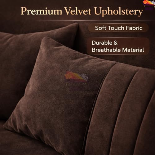 Image of SRMS Solid Wood 4 Seater L Shape Velvet Fabric Sofa Set with Four Cushions | Perfect for Home Office Guests Living Room | Sofa Set for living Room | 74 x 32 x 30 inches | Light Brown