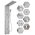 BWE Shower Panel Tower System with Rainfall Waterfall Head and Adjustable Massage Body Jets, Temperature Display Wall Mount Shower Column, Stainless Steel Brushed Nickel and Chrome