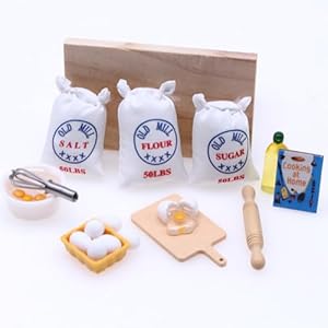 maozyiltle Miniatuur speelgoed keukenaccessoires, poppenhuis accessoires, miniatuur keukenbakset, recepten, meel, eieren, olijfolie, gebruiksvoorwerpen, ideaal bakdwergaccessoire voor Kerstmis