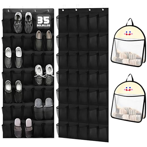 La Mejor Selección de Zapatero para puerta los más solicitados. 45 NUHEXRY 4pcs Zapatera Organizador, 2pcs 35 Bolsillos Grandes Zapatera Colgante y 2pcs Organizador de Ropa Interior, para Guardar Zapatos, Ropa, Artículos de Aseo y Juguetes para...