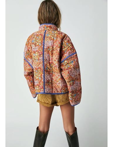 Womens Cropped Quilted Lightweight Jackets Floral Printed Open Front Puffer Coat Cardigan3