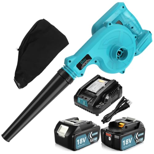 ブロワー 充電式 軽量化 マキタ ブロワー 互換 マキタ 18v バッテリー BL1850B 5000mAh 2個 小型 DC18RC充電器付 ブロワーと集じん機の1台2役 洗車 落ち葉 庭掃除 除雪 PC掃除 吹き飛ばし 集塵器 掃除機 トリガー風量調整 青