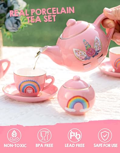 Porcelain Unicorn Tea Party Set for Little Girls Kids Toddlers, 13Pcs Ceramic Tea Set - Tea Pot Cups & Saucers & Carrying Case, Pretend Play Toys - Christmas Birthday Gift for Girls (Pink) - Image 3