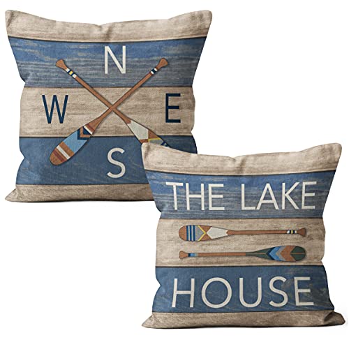 M-Qizi The Lake House Throw Pillow Covers, Gift For Lake Lover, Lake Home Cabin Paddle Decorative Linen Pillow Cases Cover For Sofa Bedroom Couch, 18 X 18 Inch Set Of 2, Lake House Owners Gifts #TOP24