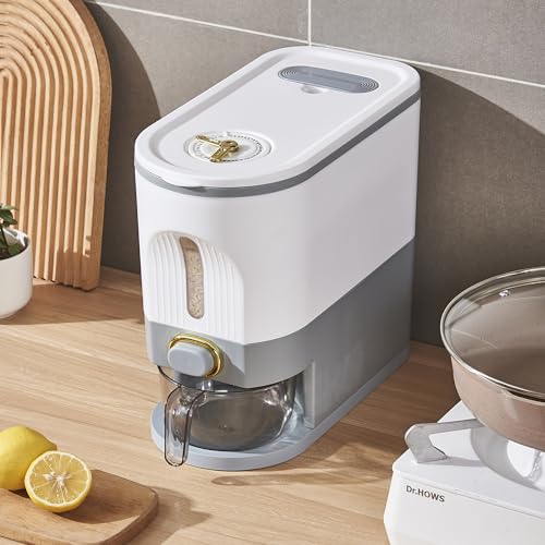 Image of Sooyee 20Lbs Rice Dispenser, Large Grain Container Storage with Lid Measuring Cylinder Moisture Proof Household Cereal Dispenser Bucket for Kitchen Soybean Corn,White and Grey