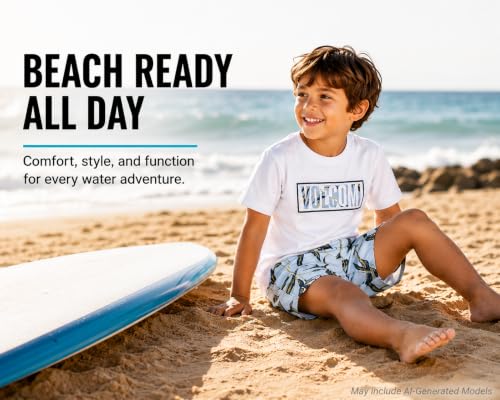 Image of Volcom Baby Boys Swim Set - 2 Piece Short Sleeve Swim Shirt Graphic Tees & Board Shorts - Infant Toddler Little Boys Swimsuit