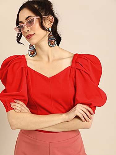 Image of Lymio Women's Crop Red Color V Neck Half Sleeve Polyester Solid Top
