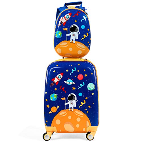 COSTWAY 2 Pcs Kids Luggage Set, 12'' Backpack and 18'' Suitcase Children Boys Girls Travel School Trolley Case on Wheels (Astronaut, Blue)