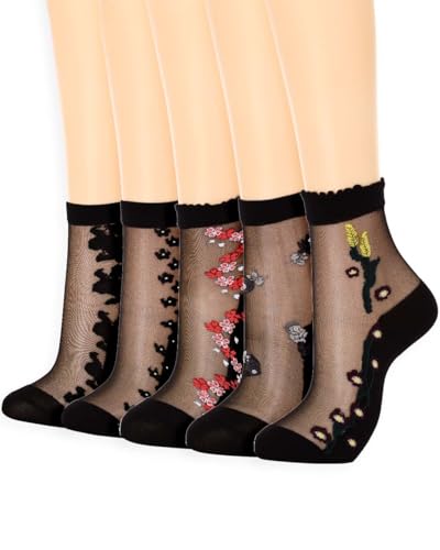 Image of Campsis Floral Sheer Ankle Socks Patterned See Through Socks for Women | Black Dress Sock Candy Sheer Socks Transparent Nylon Socks