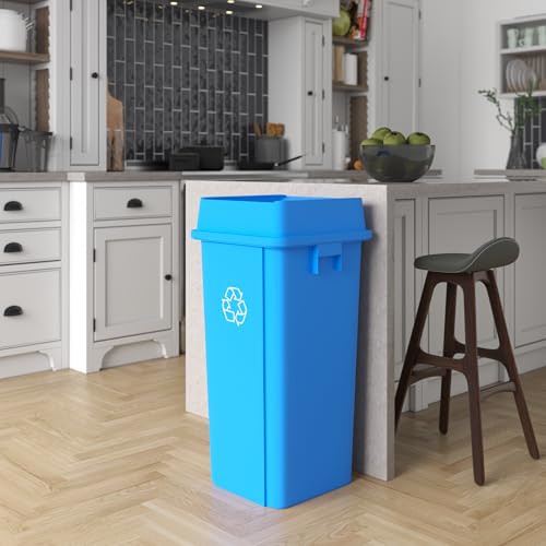 Image of 23 Gallon Blue Square Commercial Trash Garbage Can with Lid | Outdoor Office Restaurant School Kitchen