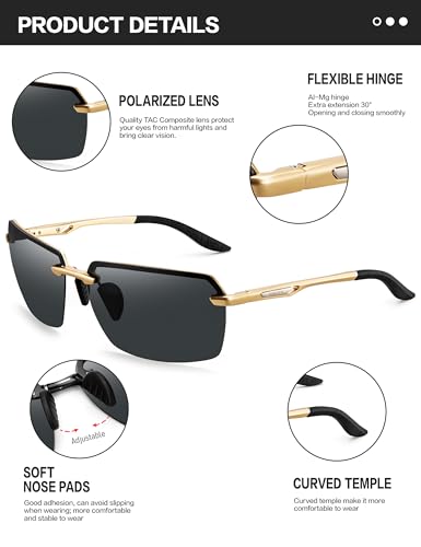 Image of BIRCEN Mens Polarized Sunglasses for Driving: Rimless UV Protection Sun Glasses with Al-Mg Frame for Fishing Traveling Golf