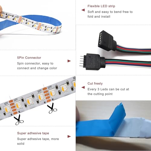 Tira de luces LED RGBWW 12V, 16.4ft, 540 LEDs miniatura 5