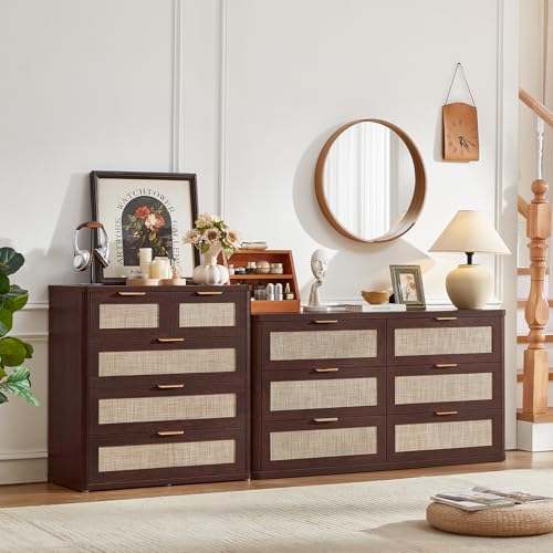 Image of LEYAOYAO Dresser for Bedroom Set of 2, 33.5 inch Tall Chest of Drawers, Modern 5 Drawers Boho Rattan Dressers with Storage, Dresser Wooden Closet Organizer for Living Room, Hallway