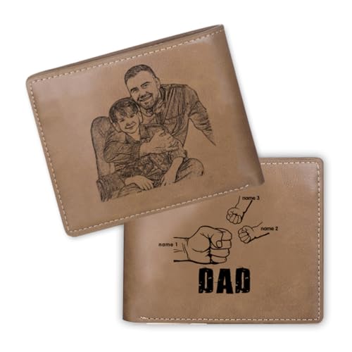 Fathers Day Wallet Gifts for Dad,Custom Personalized Wallets for Men Engraved Leather Photo Wallet for Husband (3 names)