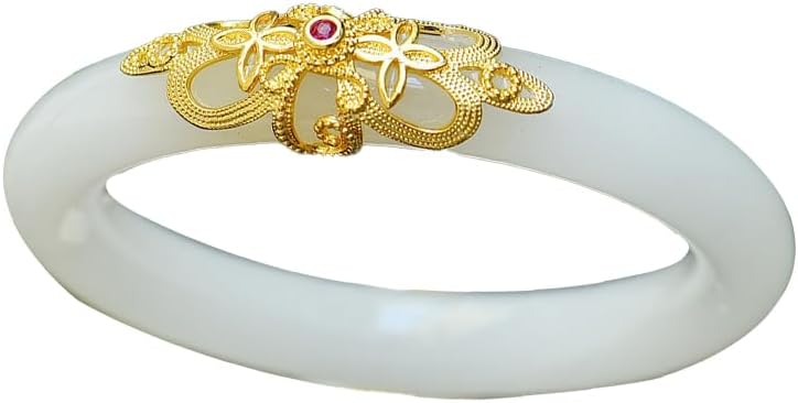 White Jade Bangle Bracelet for Women Good Luck Feng Shui Bracelet Woman Fashion Vintage Ancient Gold Inlaid Design Jade Stone Bangle