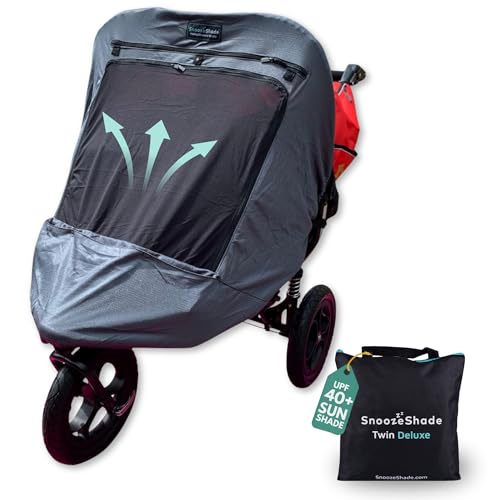 SnoozeShade Twin Deluxe – Universal Fit Sun Shade & Sleep Cover for Double Strollers – Breathable Mesh, Peek-a-Boo Panel, Blocks 97.5% UV (UPF 40+), Mosquito Net, for Side-by-Side Twins